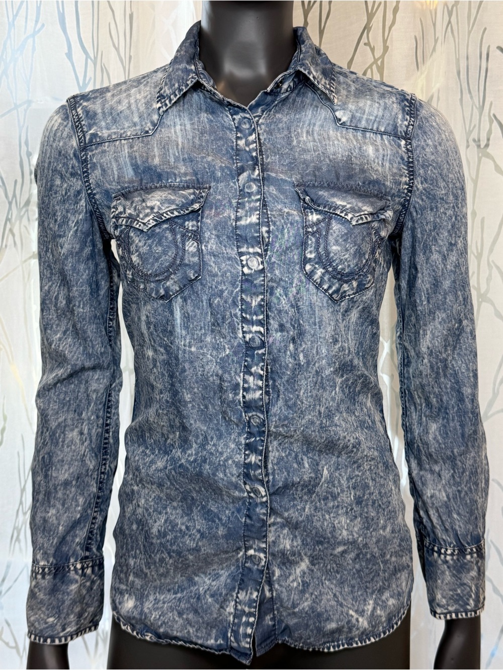 True Religion Georgia Acid Wash Western Denim Button Down Blouse Shirt Size XS